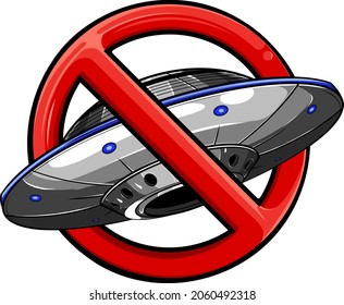 No UFO symbol design illustration. Forbidden sign with spaceship and alien icon isolated on white background. Red line cross in circle