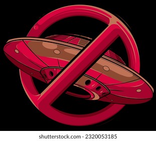 No UFO symbol design illustration. Forbidden sign with spaceship and alien icon isolated on black background