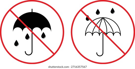 nenhum ícone de guarda-chuva definido. Símbolos de proibição de proteção contra chuva. Projeto gráfico proibido pela Umbrella. Sinalização de entrada e segurança restritas.
