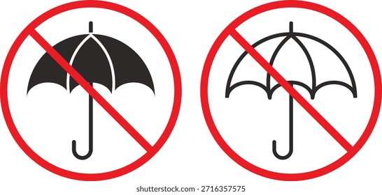 nenhum ícone de guarda-chuva definido. Símbolos de proibição de proteção contra chuva. Projeto gráfico proibido pela Umbrella. Sinalização de entrada e segurança restritas.
