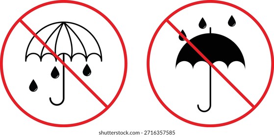 nenhum ícone de guarda-chuva definido. Símbolos de proibição de proteção contra chuva. Projeto gráfico proibido pela Umbrella. Sinalização de entrada e segurança restritas.