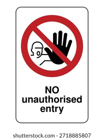 No hay letrero de entrada no autorizado con símbolo de prohibición rojo e ícono de gesto de mano de parada para control de acceso de área restringida y cumplimiento de seguridad en el lugar de trabajo - Alta Imagen de stock vectorial