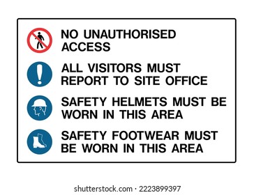 No Unauthorized Access -  Prohibition Signs - Multiple Signs - Safety Helmets, Footwear, Visitors, Site Area.