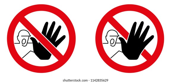 No unauthorized access sign. Screaming man with black hand stopping in red crossed circle. Version with palm in front and back of cross.