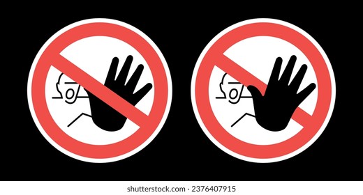 No unauthorized access sign. Screaming man with a black hand raised to stop in a red crossed circle. Construction area trespassing prohibited sign with palm in front and back of cross. Vector.