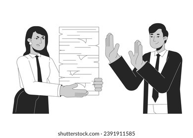 No to unreasonable workload black and white cartoon flat illustration. Gen z employee refusing overwork from disappointed manager 2D lineart characters isolated. Say no monochrome vector outline image