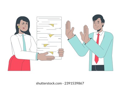 No to unreasonable workload line cartoon flat illustration. Gen z employee refusing overwork from disappointed manager 2D lineart characters isolated on white background. Say no vector color image