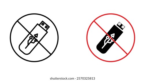 No USB flash drive sign vectors set in black. line and flat versions