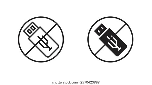 No USB flash drive sign vectors set in black. line and flat versions