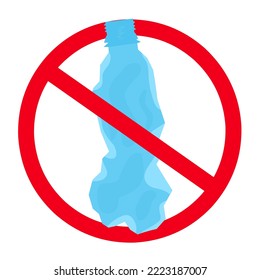 No use of crumpled bottles sign with red circle. Great for plastic waste hazard logo on white background. Vector illustration