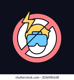 No using if headset causes headache RGB color manual label icon for dark theme. Isolated vector illustration on night mode background. Simple filled line drawing on black for product use instructions