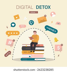 No using mobile phone. Smart man sitting on pile of books and read. Businessman turned off smart gadgets, digital detox. Freedom from internet, smartphones and social media. flat vector illustration