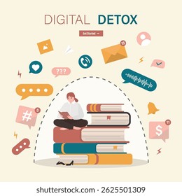 No using mobile phone. Smart woman sitting on pile of books and read. Businesswoman turned off smart gadgets, digital detox. Freedom from internet, smartphones and social media. vector illustration