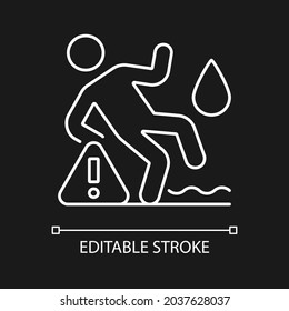 No using on wet surface white linear manual label icon for dark theme. Thin line customizable illustration. Isolated vector contour symbol for night mode for product use instructions. Editable stroke