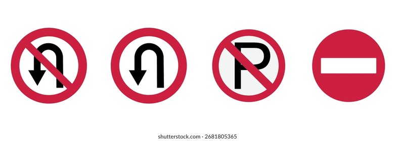 No U-Turn, U-Turn, No Parking and Do Not Enter Traffic Regulatory Icons, Vector Illustration for Driving Rules and Street Safety Signage — ideal for driving school materials, traffic law infographics, city street signage design, and transportation safety guides. Isolated on white background.