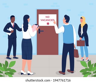 No Vacancies Flat Color Vector Illustration. Door With Sign. Unemployment Problem. Loss Of Work, No Jobs For Employees. Diverse Jobless 2D Cartoon Characters With Corporate Office On Background