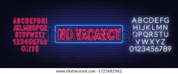 No vacancy\
neon sign on brick wall\
background.