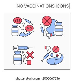 No vaccination color icons set. Vaccination refused. People avoid group inoculation. Fight against covid19 concept. Isolated vector illustrations