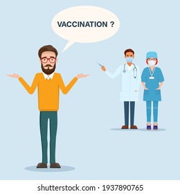 No vaccination concept. Man thinking and doubting. Vaccination problem. Vector illustration