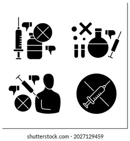 No vaccination glyph icons set. Vaccination refused. People avoid group inoculation. Fight against covid19 concept.Filled flat signs. Isolated silhouette vector illustrations