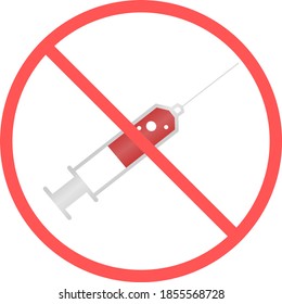 No vaccination injection sign or no medical syringe flat vector icon isolated in white background for apps mobile, print and websites. Warning label.