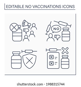 No vaccination line icons set. Vaccination refused. People avoid group inoculation. Fight against covid19 concept. Isolated vector illustrations. Editable stroke