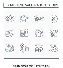 No vaccination line icons set. Vaccination refused. People avoid group inoculation. Fight against covid19 concept. Isolated vector illustrations. Editable stroke