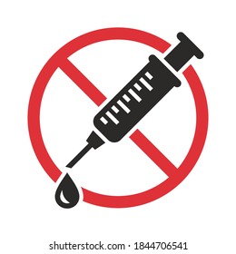 No vaccination sign. No drugs allowed. Do not use drugs. Vector icon isolated on white background.