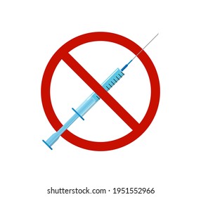 No vaccination vector concept. Syringe with blue liquid and prohibition sign.