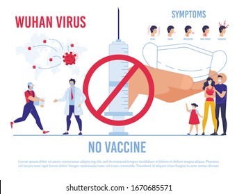 No Vaccine Against Wuhan Coronovirus Warning Poster. Deliveryman, Doctor, Family With Kid In Protective Facial Mask Stand Under Big Syringe In Crossed Circle Sign. Cov Symptom List. World Epidemic