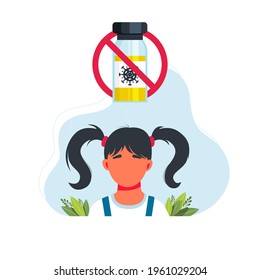 no vaccine for children. children are afraid of the vaccine. Vaccines and immunization concept. Cartoon vector banner of a syringe and frightened small girl.