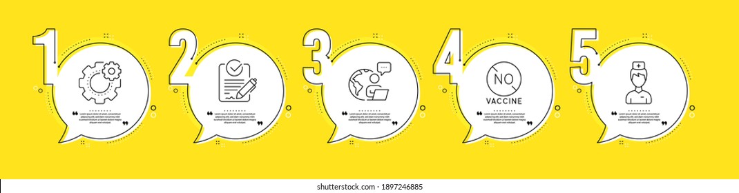 No vaccine, Cogwheel and Rfp line icons set. Timeline process infograph. Doctor sign. Covid-19 treatment, Engineering tool, Request for proposal. Medicine person. Science set. Vector