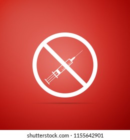 No vaccine icon isolated on red background. No syringe sign. Flat design. Vector Illustration