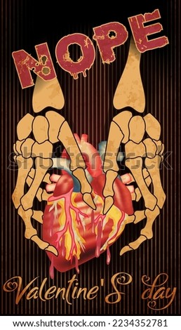 No Valentines day card,skeleton hands holding a heart . vector illustration	