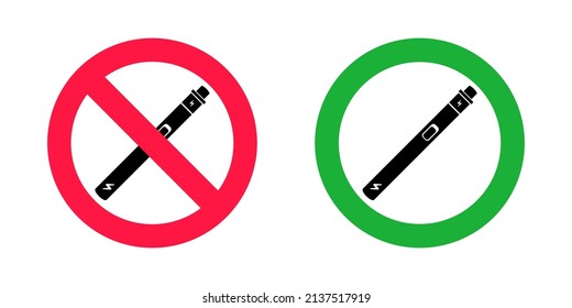 No vaping and vaping area signs. Red forbidden and green allowed circles signs icon isolated on white background vector illustration. Vape and smoke prohibition and green access circles set.