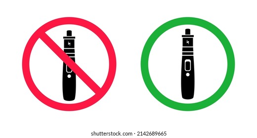 No vaping and vaping area signs. Red forbidden and green allowed circles signs icon isolated on white background vector illustration. Vape and smoke prohibition and green access circles set.