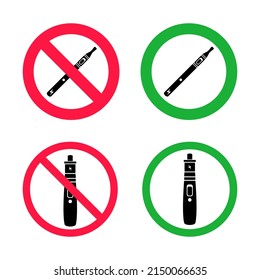 No vaping and vaping area signs. Red forbidden and green allowed circles signs icon set isolated on white background vector illustration. Vape and smoke prohibition and green access circles set.