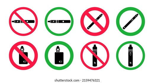 No vaping and vaping area signs. Red forbidden and green allowed circles signs icon set isolated on white background vector illustration. Vape and smoke prohibition and green access circles set.