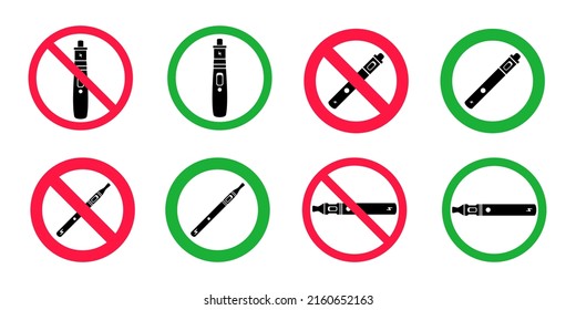 Keine Schilder für den Verdunstungs- und den Verdunstungsbereich. Rot verbotene und grüne Kreise Zeichen Symbol einzeln auf weißem Hintergrund Vektorgrafik. Rauchverbot und grüne Zugangskreise.