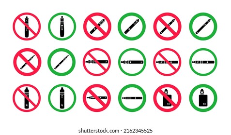 No vaping and vaping area signs. Red forbidden and green allowed circles signs icon set isolated on white background vector illustration. Vape and smoke prohibition and green access circles set.