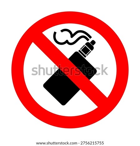 No vaping sign with electronic cigarette and smoke in red prohibition circle. Warning icon for smoke free zone and public safety areas.