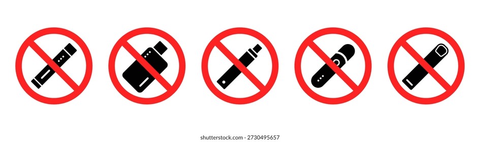 Nenhum ícone de sinal de vaping definido. Sinais de proibição com símbolo de cigarro eletrônico. Vaporizar avisos proibidos para locais públicos. Sinais de proibição e restrição para o uso de cigarros eletrônicos em áreas internas.