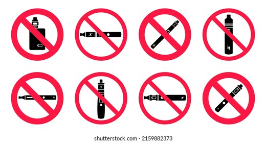 No vaping sign. Red forbidden circle sign icon isolated on white background vector illustration set. Vape and smoke and in prohibition circle.