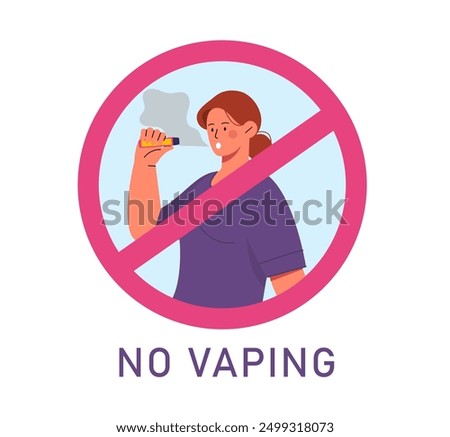 No vaping zone. Crossed out woman with vape. Forbidden and prohibited vaping and smoking area. Infographic and warning sign. Flat vector illustration isolated on white background