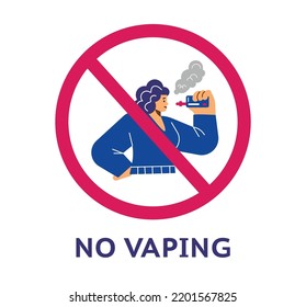 No hay señal de prohibición de la zona de vapor, vaporización de la mujer - ilustración vectorial plana aislada en el fondo blanco. Prohibir o prohibir el vapor y fumar cigarrillos electrónicos. No se permite que el carácter viole aquí.