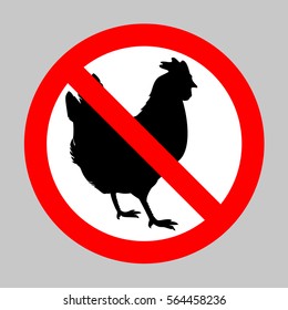 No vector chicken silhouette. Forbidden sign isolated on gray background.