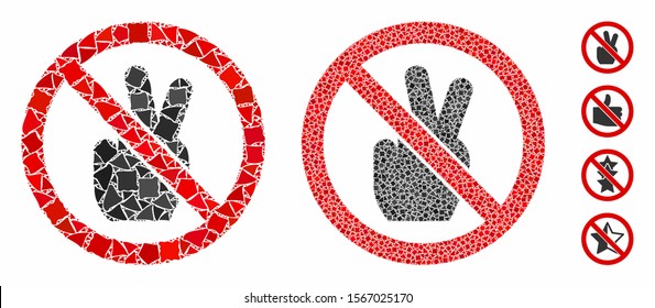 No victory gesture composition of irregular items in variable sizes and color tones, based on no victory gesture icon. Vector humpy elements are grouped into composition.
