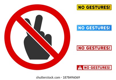 No Victory Gesture sign with titles in rectangle frames. Illustration style is a flat iconic symbol inside red crossed circle on a white background. Simple No Victory Gesture vector sign,