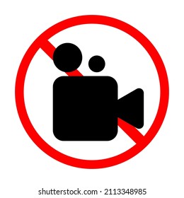 No video camera icon. Stop symbol. Red circle. Prohibited sign. Recording equipment. Vector illustration. Stock image. 