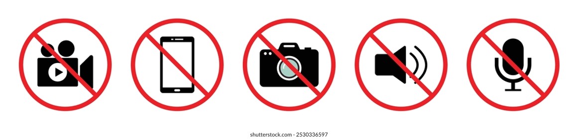 No Video, camera, photo, mobile phone, or sound recording forbidden sign icons. No record, no video, mute, camera, red crossed out circle. Ban sign symbol vector illustration.